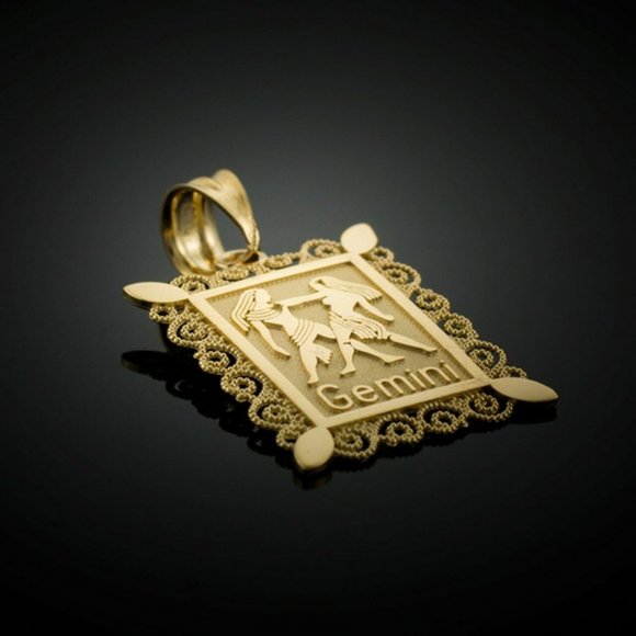 14K Solid Real Gold Gemini Zodiac Sign Pendant